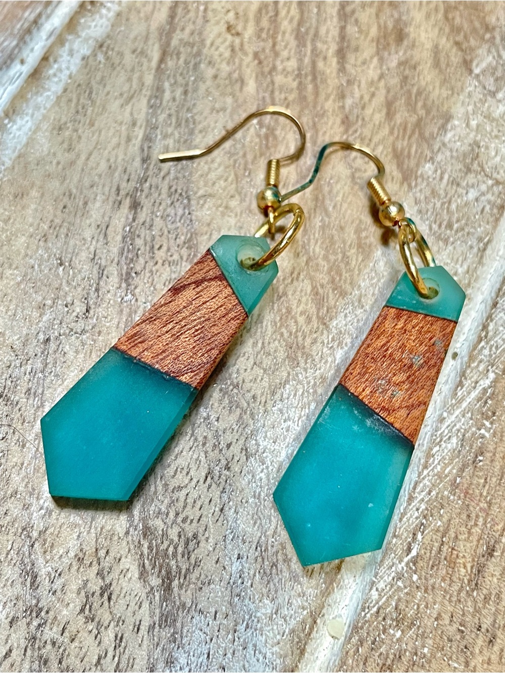 Handmade Turquoise Wood and Resin Drop Earrings with Gold Hooks by Elegantique - Picture 3 of 3